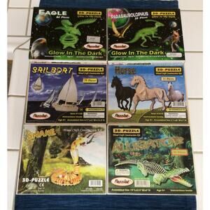 Lot of 6 Wood Puzzle 3D Kits Glow in Dark Eagle Alligator Snake Boat Horse Dino